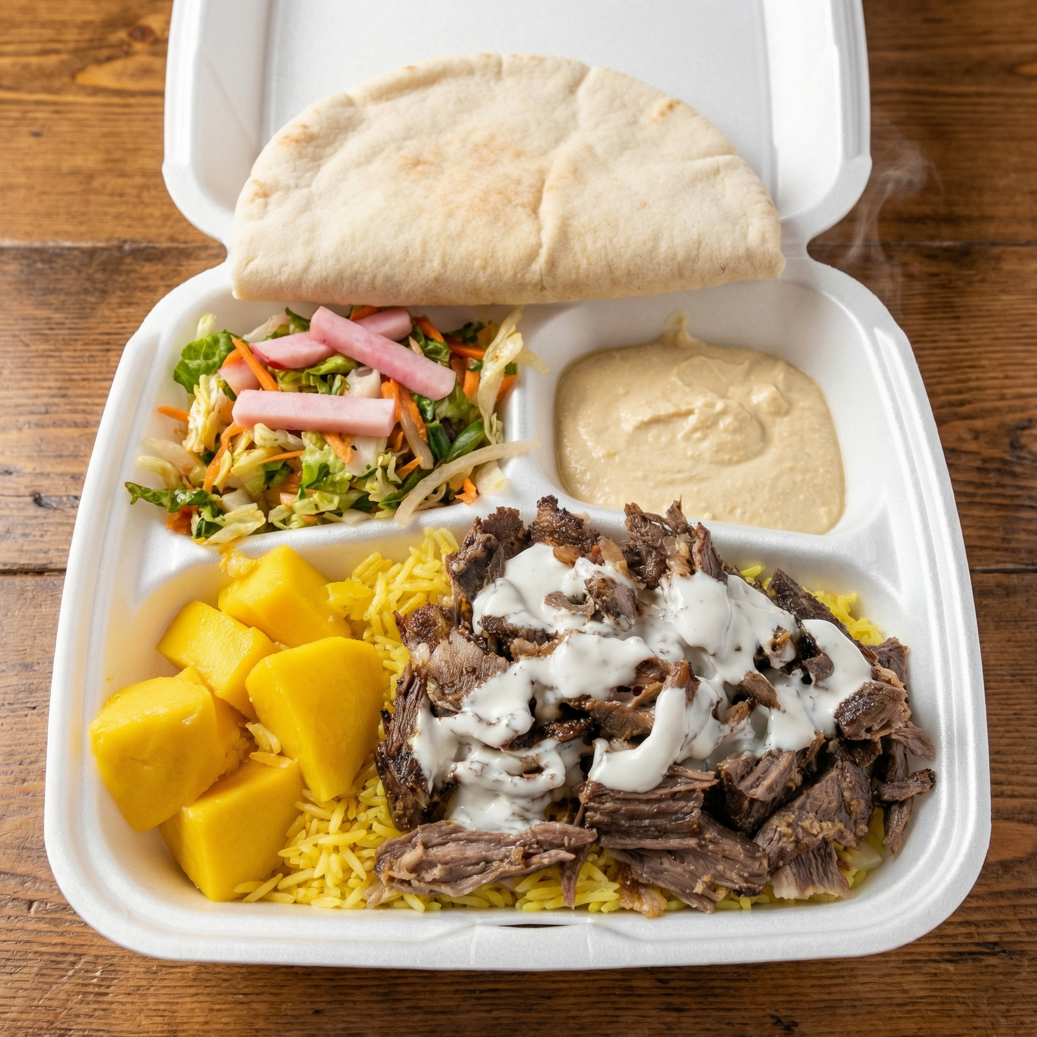 Shawarma platter with hummus and rice at Best Pizza & Donair Winnipeg